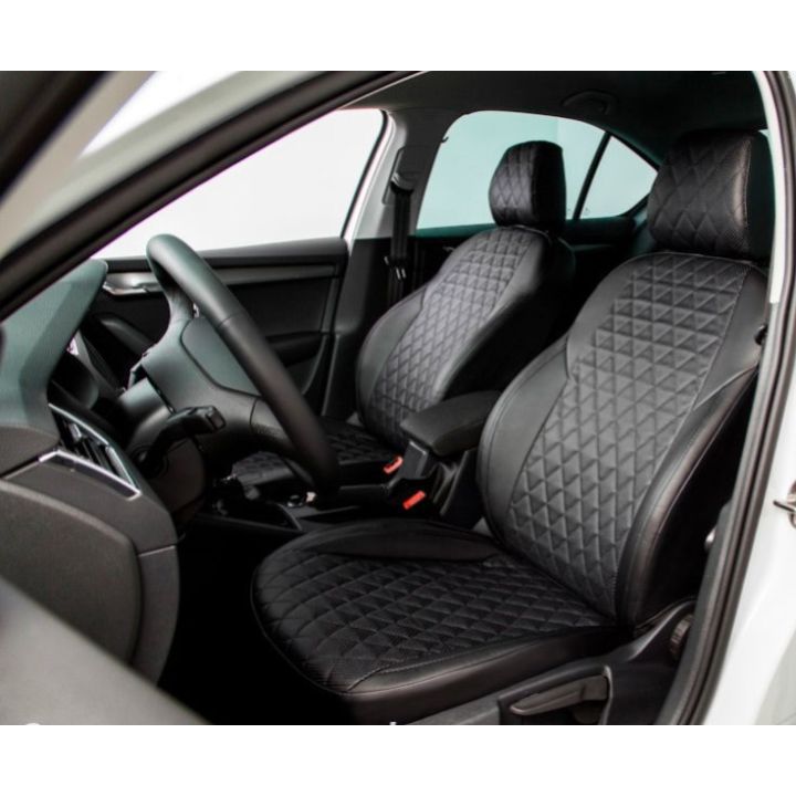 Авточехлы для салона из экокожи для Chevrolet Cruze '09-16, ромб черные (Seintex)